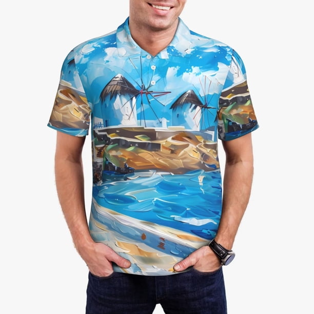 Balery Greek Island Windmills Painting Camisa Polo de Hombre con Estampado, de Manga Corta y Tejido Medio, Camisa Tipo Golf Polo-4X-Large