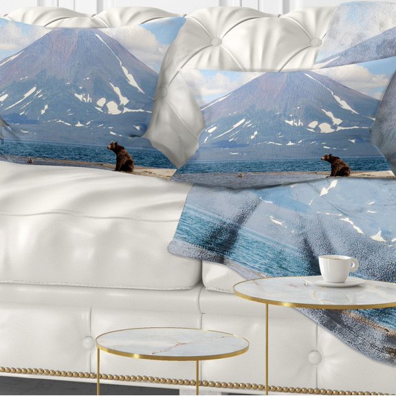 Designart Large Bear in Front of Volcano - Landscape Printed Throw Pillow - 12x20