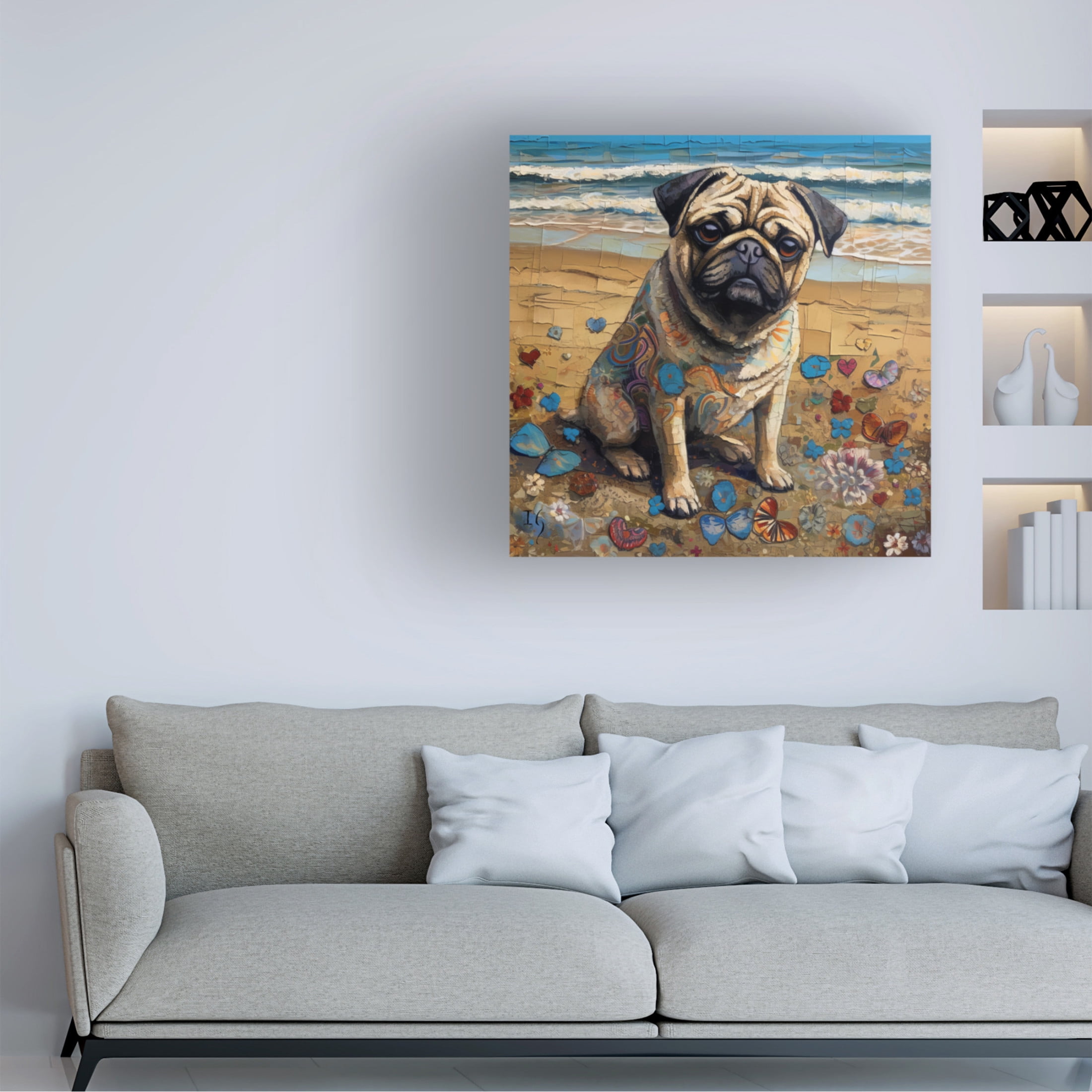 Canvas Wall Art - Ivan Guaderrama 'Pugs Seashore' Wall Art for Living Room, Bedroom, or Office Décor by Trademark Fine Art - 35 x 35 Inches