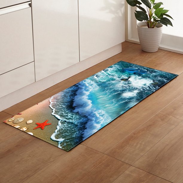 Alfombra de cocina rústica con diseño de estrellas de mar y conchas marinas, antideslizante, lavable, con tablones de madera turquesa, ideal para el suelo, alfombra de cocina tropical playera,