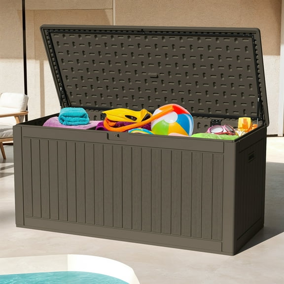 Uforic Outdoor 260 Gallon Large Resin Deck Box, Double-Wall Storage Box with Flexible Divider & Side Handles, Waterproof & Lockable, Light Brown