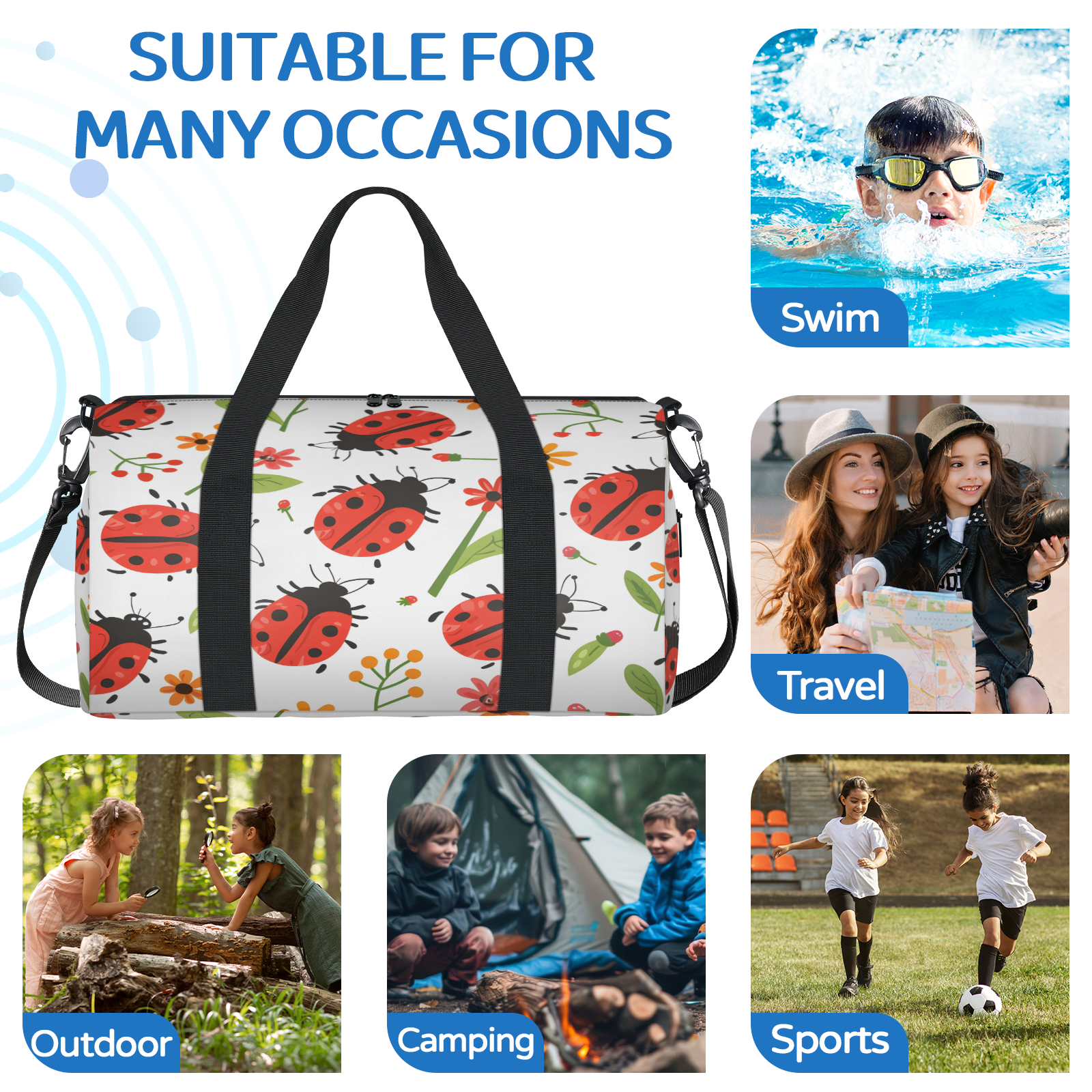 Herdesigns Ladybugs Travel Duffle Bag Sports Yoga Weekender Overnight Carry on Workout Bags Lightweight Waterproof Gym Tote Bag for Women