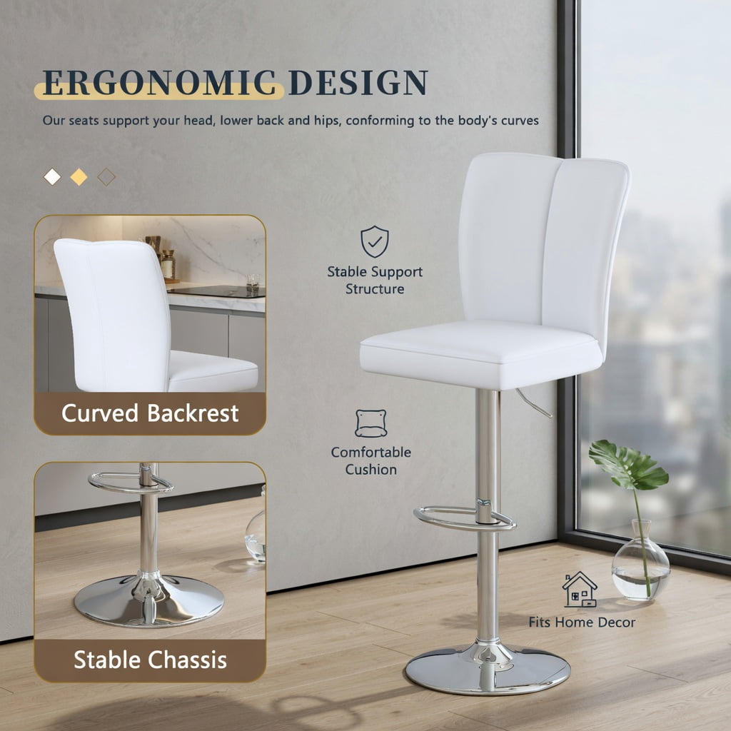 Hommoo Modern PU Leather Bar Stools Set of 2 with Adjustable Height, 360° Swivel & Trumpet Silver Metal Legs, Contemporary Kitchen, Bar & Lounge Seating, White