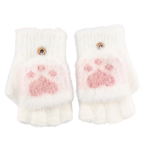 Giaone Cats Paw Pattern Glove Plush Fingerless Mittens with Flip Top Knitted Gloves
