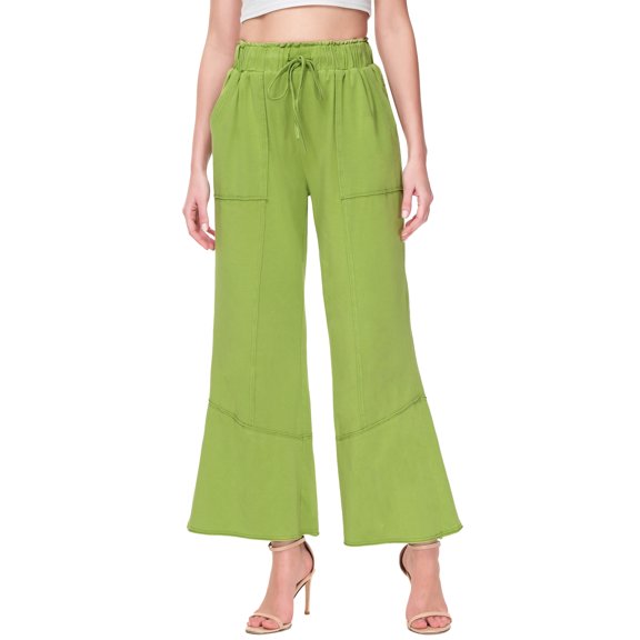 Casual Wide Leg Pants for Women Tie Drawstring High Waisted Pants Summer with Side Pockets,X-Large,Green