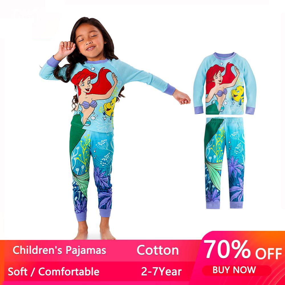 Fashion Trade Hight Quality Mermaid Sleeping Beauty Kids Pajamas Sets Mickey Baby Girls And Boys Clothes Pijamas Cartoon Sleepwear Cotton Set Blue