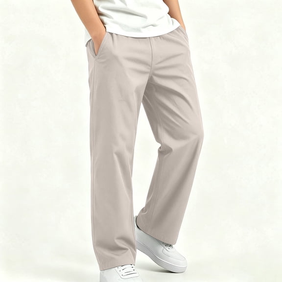 Gpaecead Boys Straight Leg Casual Pants Elastic Waist Cotton Blend Breathable Trousers With Deep Pockets For Travel Lounge Khaki