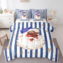 Homewish Cute Santa Claus 7-Piece Bedding Comforter Set for Teens Female Men,Stripes Snowflake King Bedding Sets,Merry Christmas Ultra Soft Bed Sheets,Ultra Soft Home Decor,Reversible