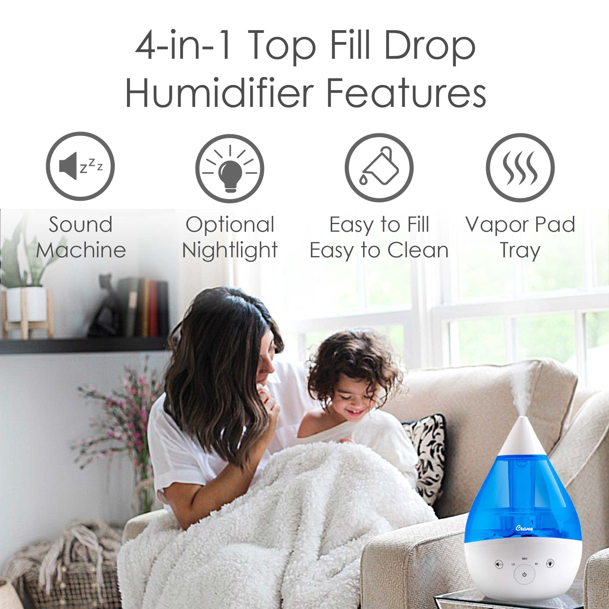 Crane Top Fill Drop 1 Gallon Ultrasonic Cool Mist Humidifier with Sound Machine and Optional Nightlight - Blue & White