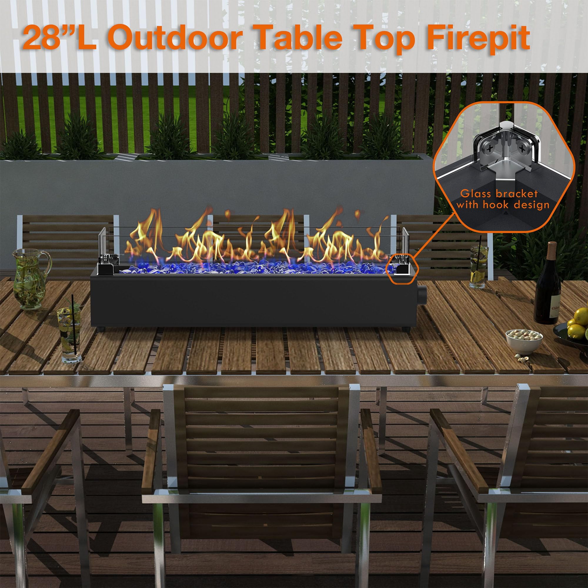 28-inch Table Top Propane Fire Pit  40 000 Btu Tabletop Firepit For Patio Outdoor Portable Rectangular Bowl W/wind Glass Shield Rocks - Black