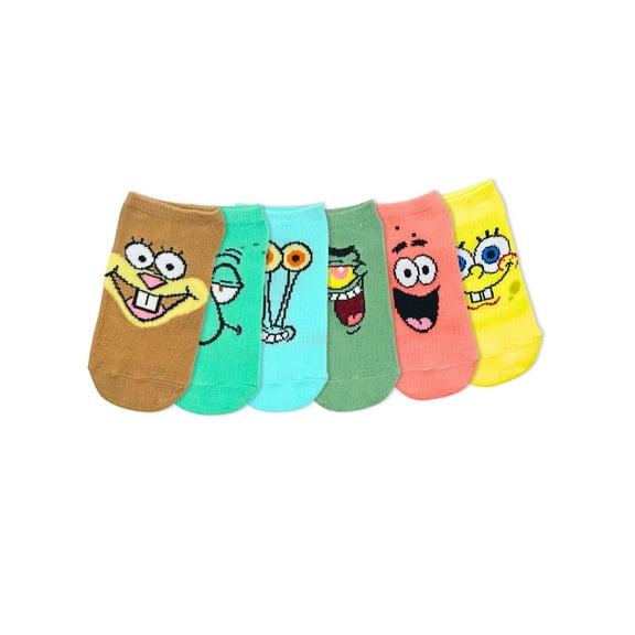 SpongeBob SquarePants Boys No-Show Socks, 6-Pack, Sizes S/M-M/L