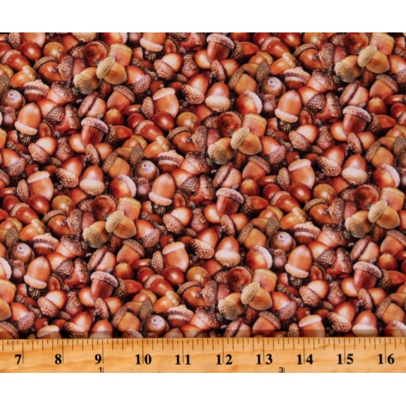 Cotton Acorns Nature Fall Autumn Landscape Medley Nuts Brown Cotton Fabric Print by the Yard (627BROWN)