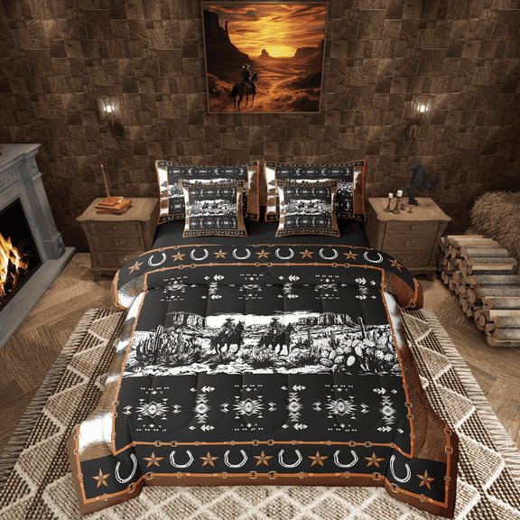 Castle Fairy Western Cowboy 7-Piece Twin Bedding Sets,Bohemian Aztec Bedding Comforter Set,Animal Print Breathable Sheet Sets,Luxury Boho Bedroom Decor,Reversible