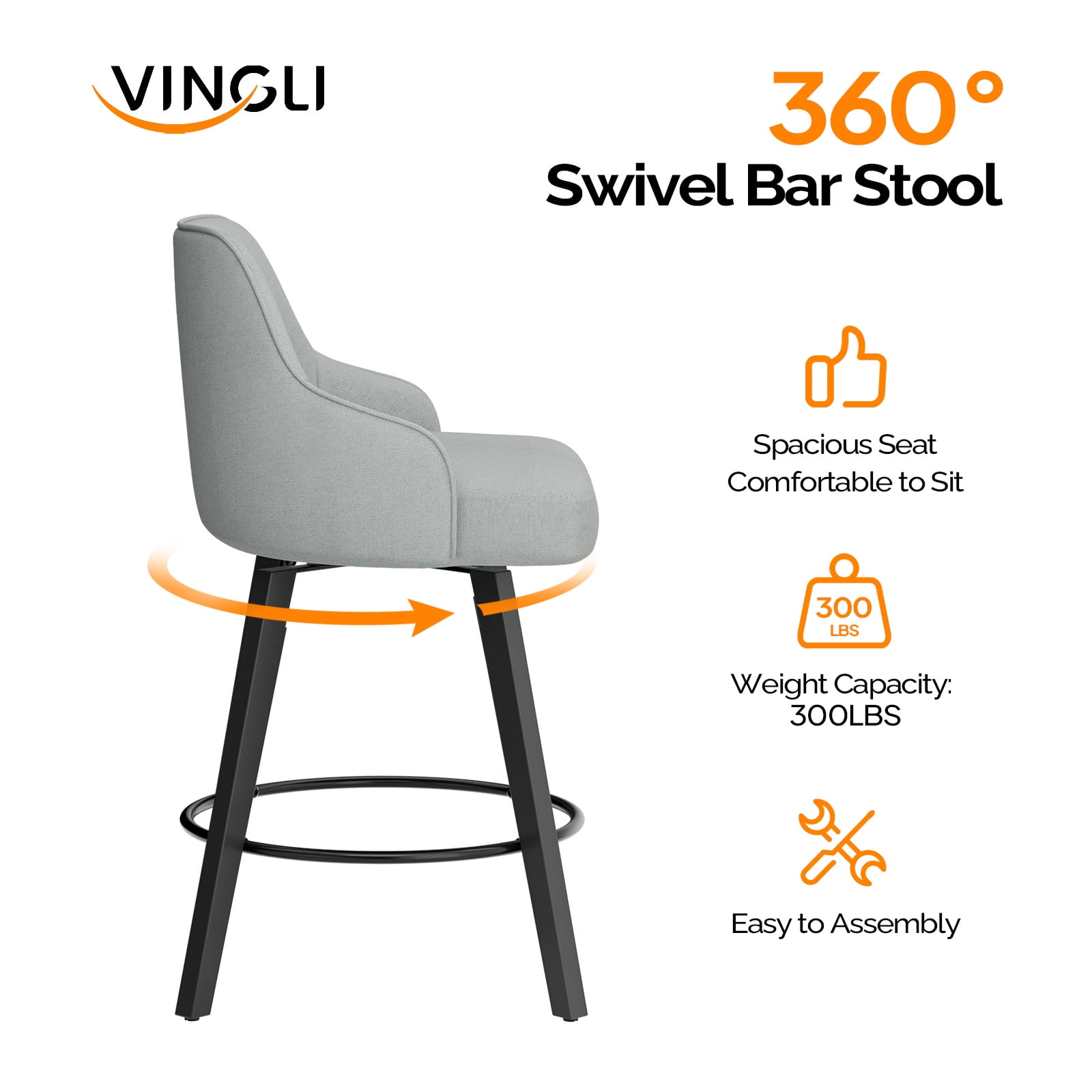 Ktaxon Swivel Bar Stools, 35" Counter Height Adjustable Fabric Bar Stools for Kitchen Island, Modern Gray, 1 PCS