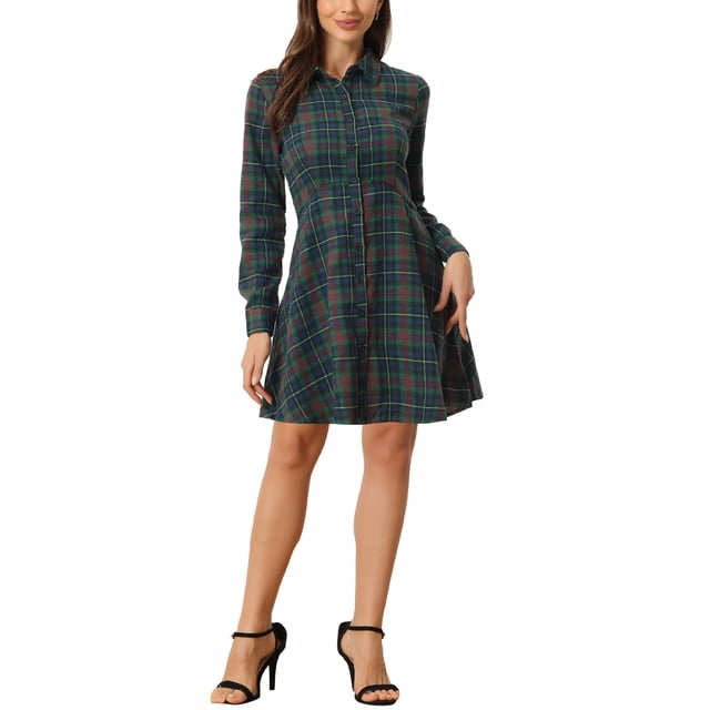 INSPIRE CHIC Women's Plaid Button up Point Collar Long Sleeve a-Line Dress