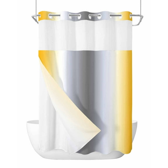 No Hook Cloth Fabric Shower Curtain with Snap in Liner, Yellow Grey Waterproof Shower Curtains Set with See Through Top Window, Gray Farmhouse Modern Rustic Bath Curtains Shower 60"x72"