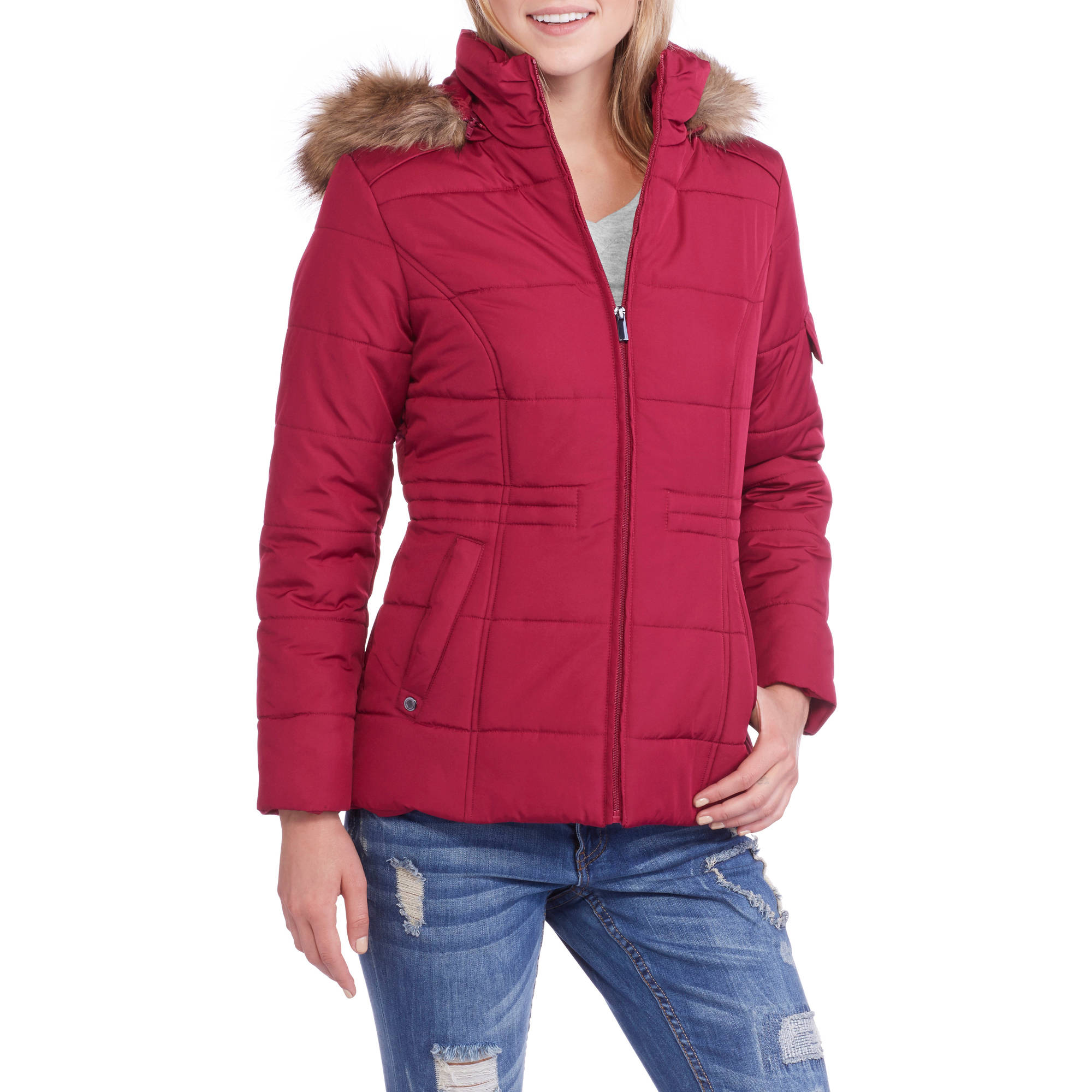 Women's Quilted Puffer Jacket with Fur-Trim Hood - image 1 of 2