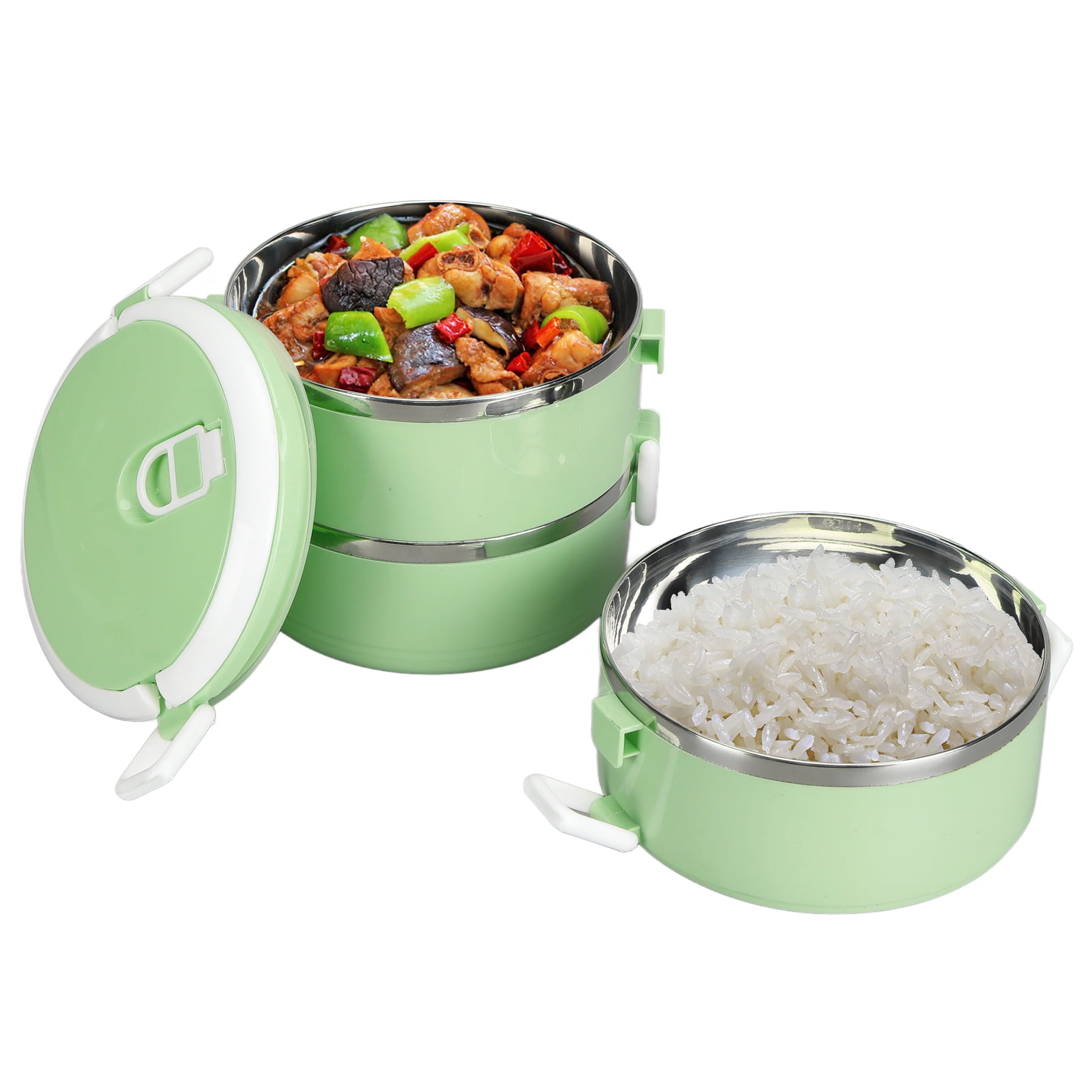 Bento Lunch Box, Vent Portable Cylinder Lunch Container Pressure Cooker Principle Ergonomic Arched Handle For Outdoor For School Three Layers Nordic Green