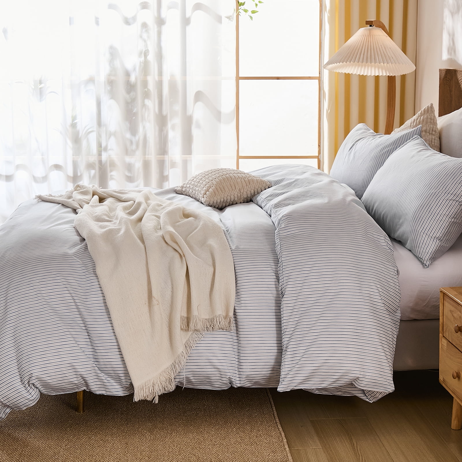 Brown Striped Duvet Cover Set Queen Size, 100% Natural Cotton Linen Like Duvet Cover Set with Zipper Closure & 8 Corner Ties, Brown Khaki Soft Reversible Bedding for All Seasons