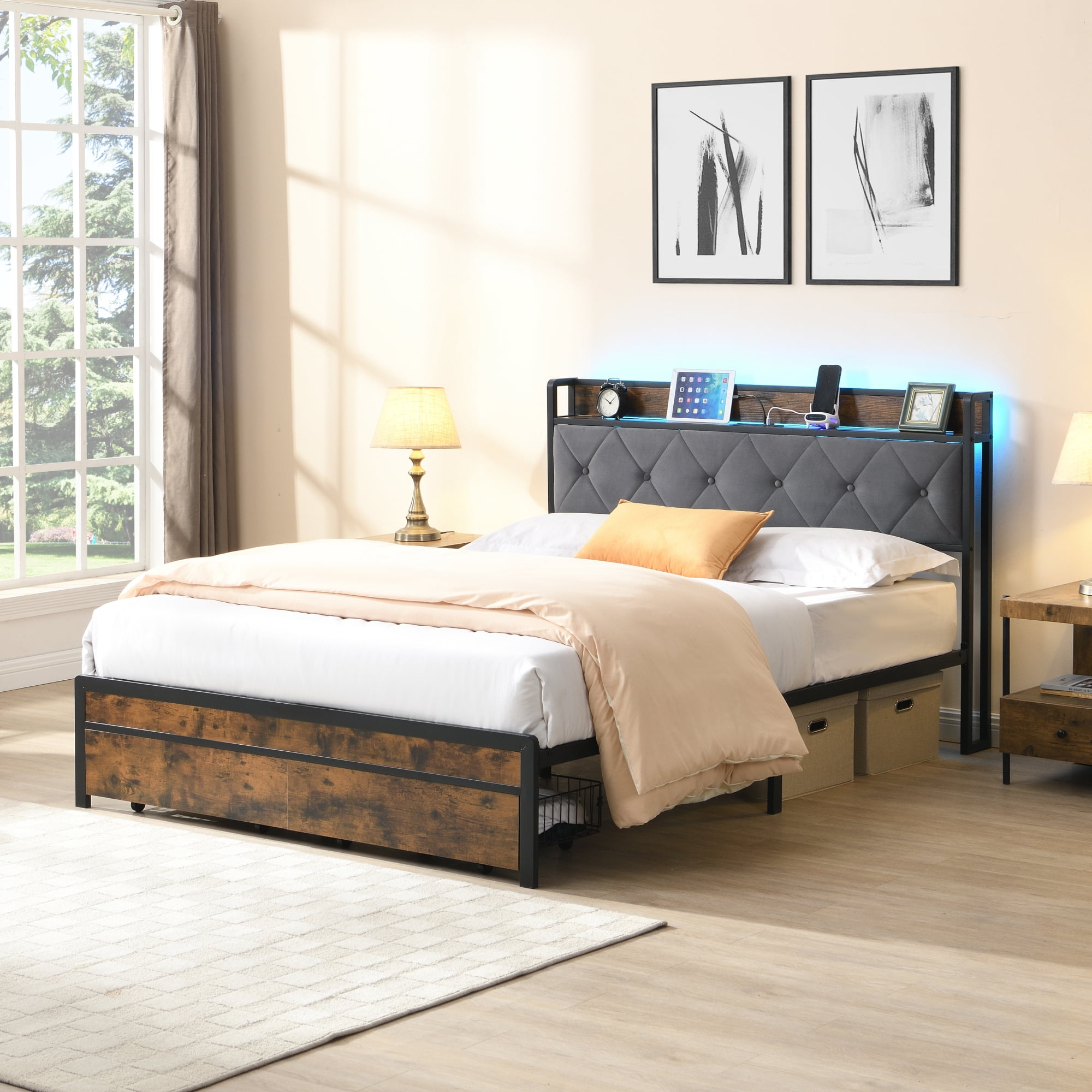 Leumius Queen Size Bed Frame with LED Lights, Metal Platform Bed with Upholstered Headboard & 2 Drawers, USB & Charging Station, Queen