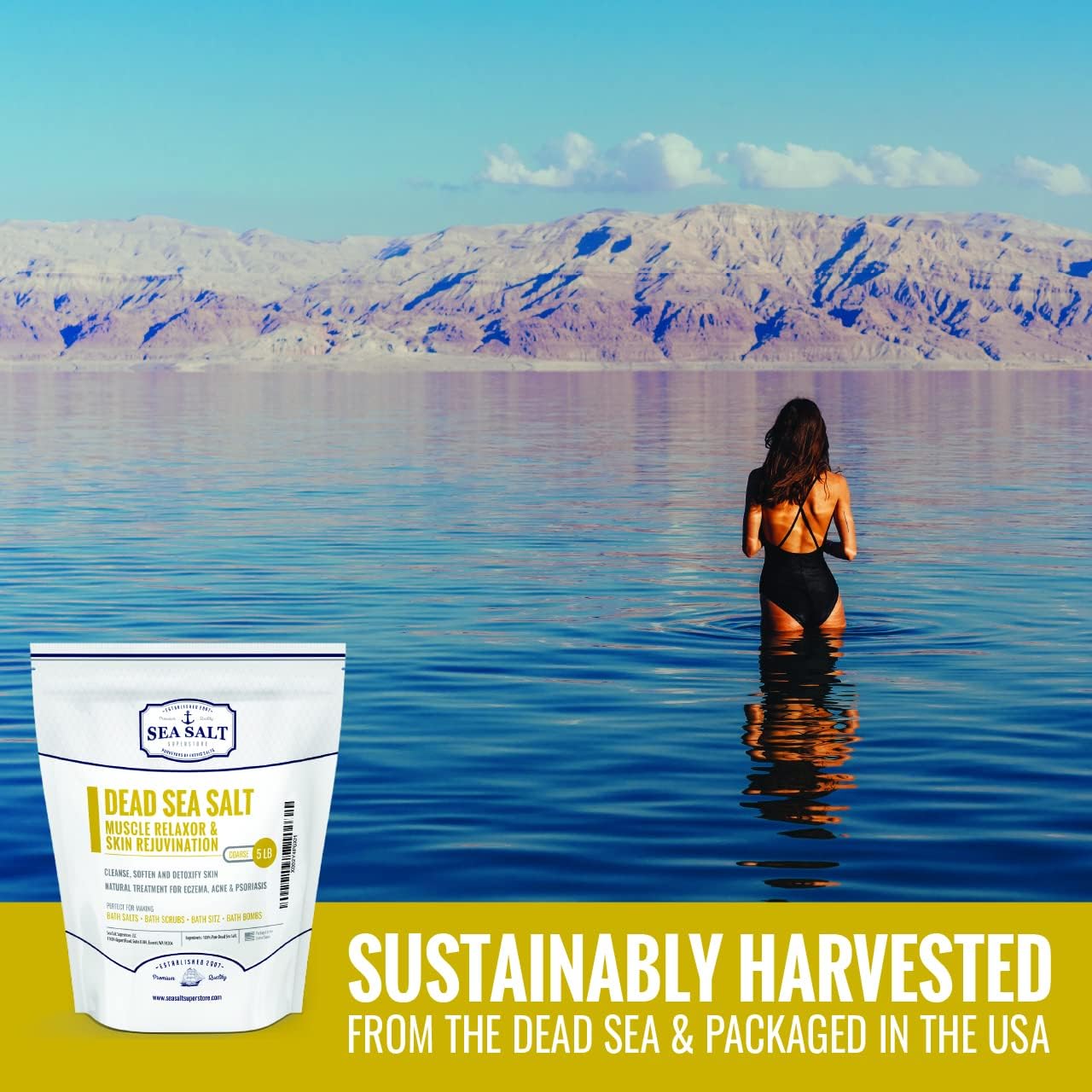Sea Salt Superstore Natural Dead Sea Bath Salt for Soaking - Fine Grain Mineral Bath Salts from Israel Supporting Muscle Relaxation & Skin Rejuvenation - Home Spa Essentials - (5lb Bag)
