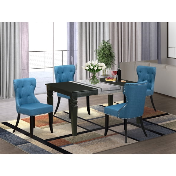 Southwestern Style Furniture - A Dining Set Of 4 Great Dining Chairs Using Linen Fabric Mineral Blue Color And A Gorgeous Wooden Dining Table With Black Color