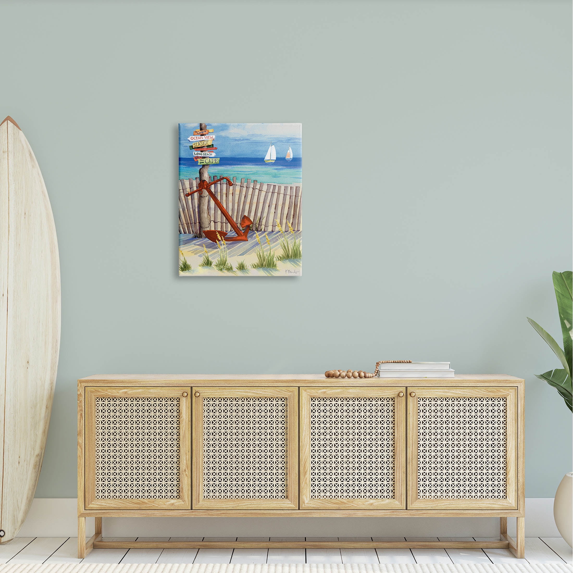 Anchor Leaning Beach Directions Sign Coastal Painting Gallery Wrapped Canvas Print Wall Art
