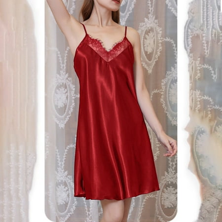 VONCOS Women Sleepwear- Sling V Neck Lace Pajamas Summer Sleeveless Off-The-Shoulder Sexy Lingerie Nightgown Thin V-Neck Silk Satin Babydoll Nightshirt for Women Watermelon Red Size M