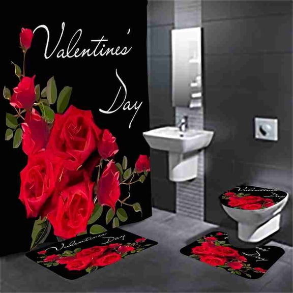 Romantic Red Rose Valentine's Day 4-Piece Shower Curtain Set with Bath Mats and Toilet Lid Cover for Bathroom Decor
