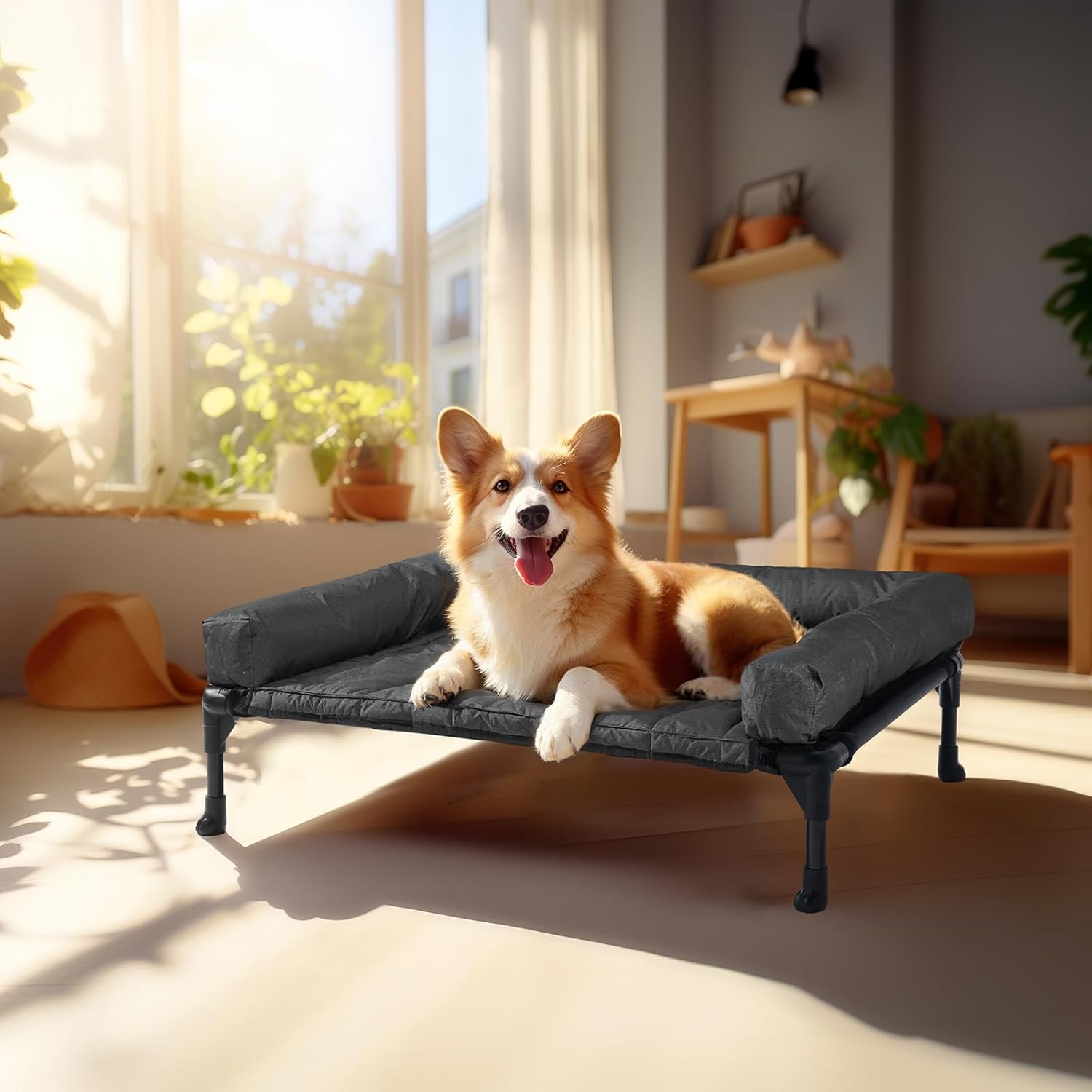Elevated Dog Bed Add Removable Waterproof Bolster Cushion Mat, Raised Pet Cot with Breathable Teslin Mesh, No-Slip Feet, Dog Sofa Bed for Indoor Outdoor, Medium, Black CWC2331B