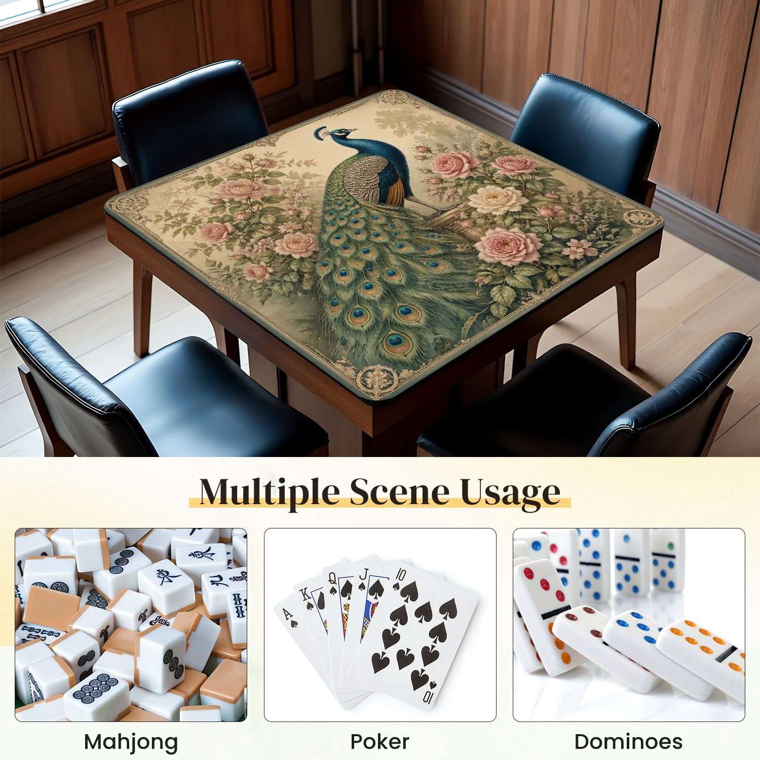 Mahjong Mat 31.5" x 31.5" Elegant Peacock Pink White Roses Vintage Non-Slip Noise Reduction Mahjong Tiles Table Cover for Dominoes Poker Card Board and Tile Games