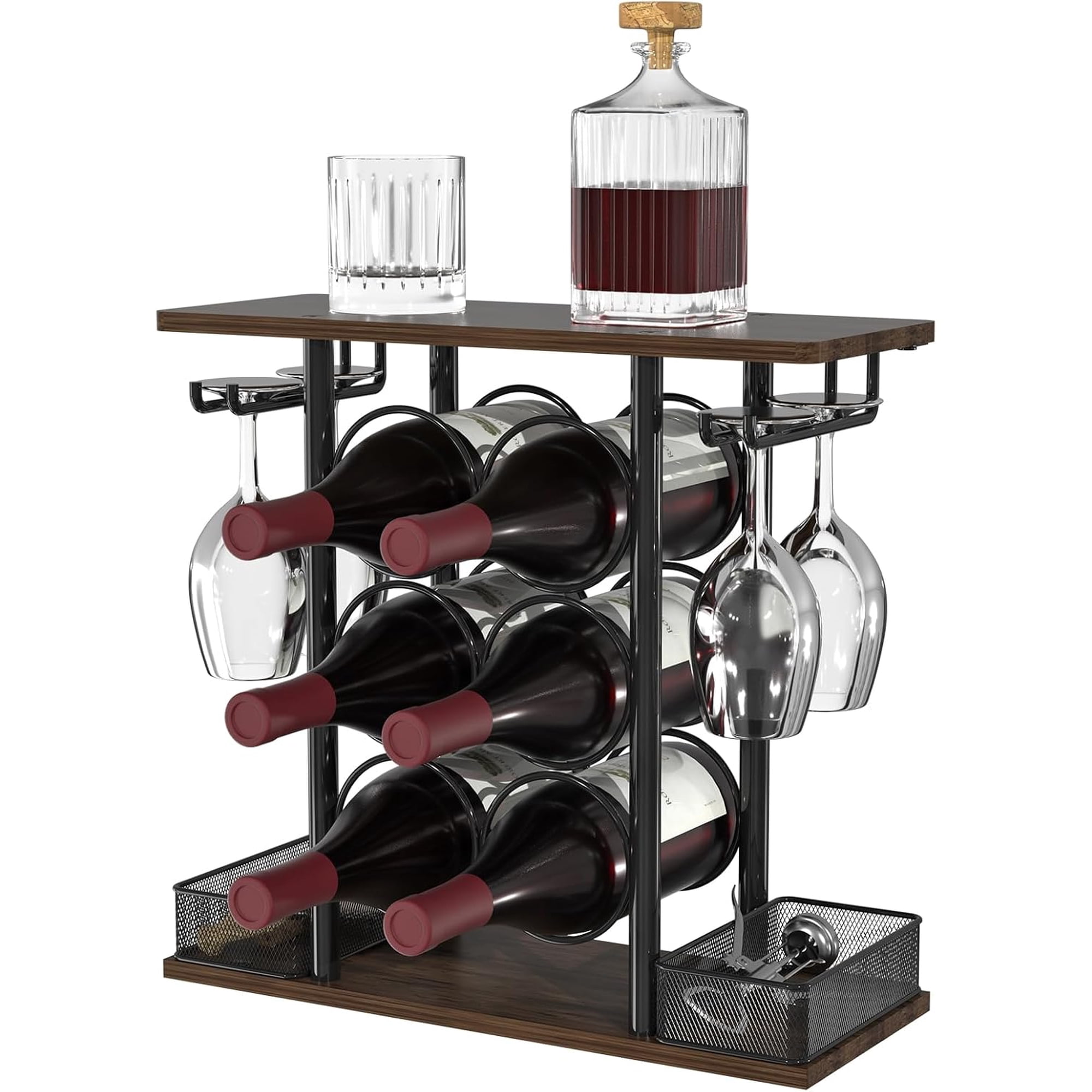 Countertop Wine Rack 3 Tier Wood & Metal Small Wine Rack Up to Hold 6 Bottles and 4 Glasses Wine Bottle Holder for Home Bar Tabletop Kitchen Cabinet 6.29 D x 16.14 W x 15.82 H
