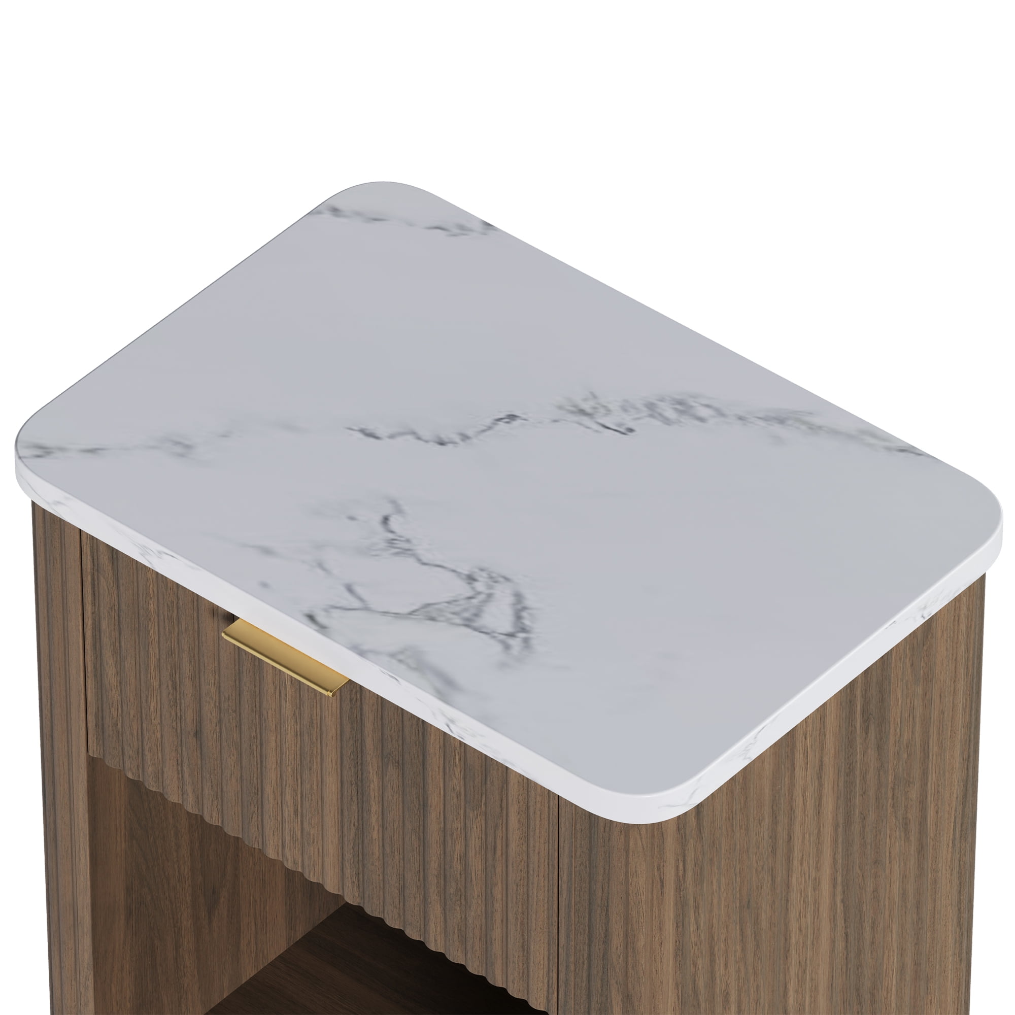 Leumius Nightstand with Storage Drawer & Open Shelf,Faux Marble Top,Gold-Tone Handle,Bedside Table and End Table for Bedroom,Guest Room,Dorm,Living Room,Walnut