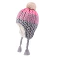 thumbnail image 2 of Boys Girls Kids' Fleece-Lined Beanie Winter Warm Earflap Hat with Pom-Pom and Drawstring, Color Block Thicken Knit Cap, 2 of 5