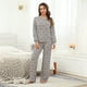 thumbnail image 2 of Conjunto de pijamas para mujer, suave, transpirable, 2 piezas, cuello redondo, manga larga, tops, pantalones con cordón, ropa de dormir, 2 of 7