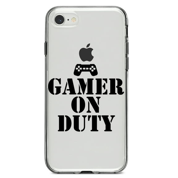 DistinctInk Clear Shockproof Hybrid Case for iPhone 7 8 SE (2020 Model) 4.7" Screen TPU Bumper Acrylic Back Tempered Glass Screen Protector - Gamer on Duty Video Games