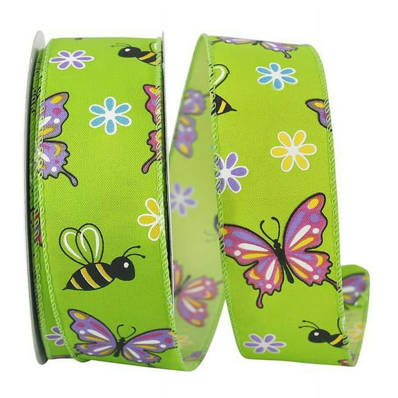 Reliant Ribbon 93617W-044-09H 10.5 in. 20 Yards Butterfly & Bees Bright Wired Edge Ribbon, Green