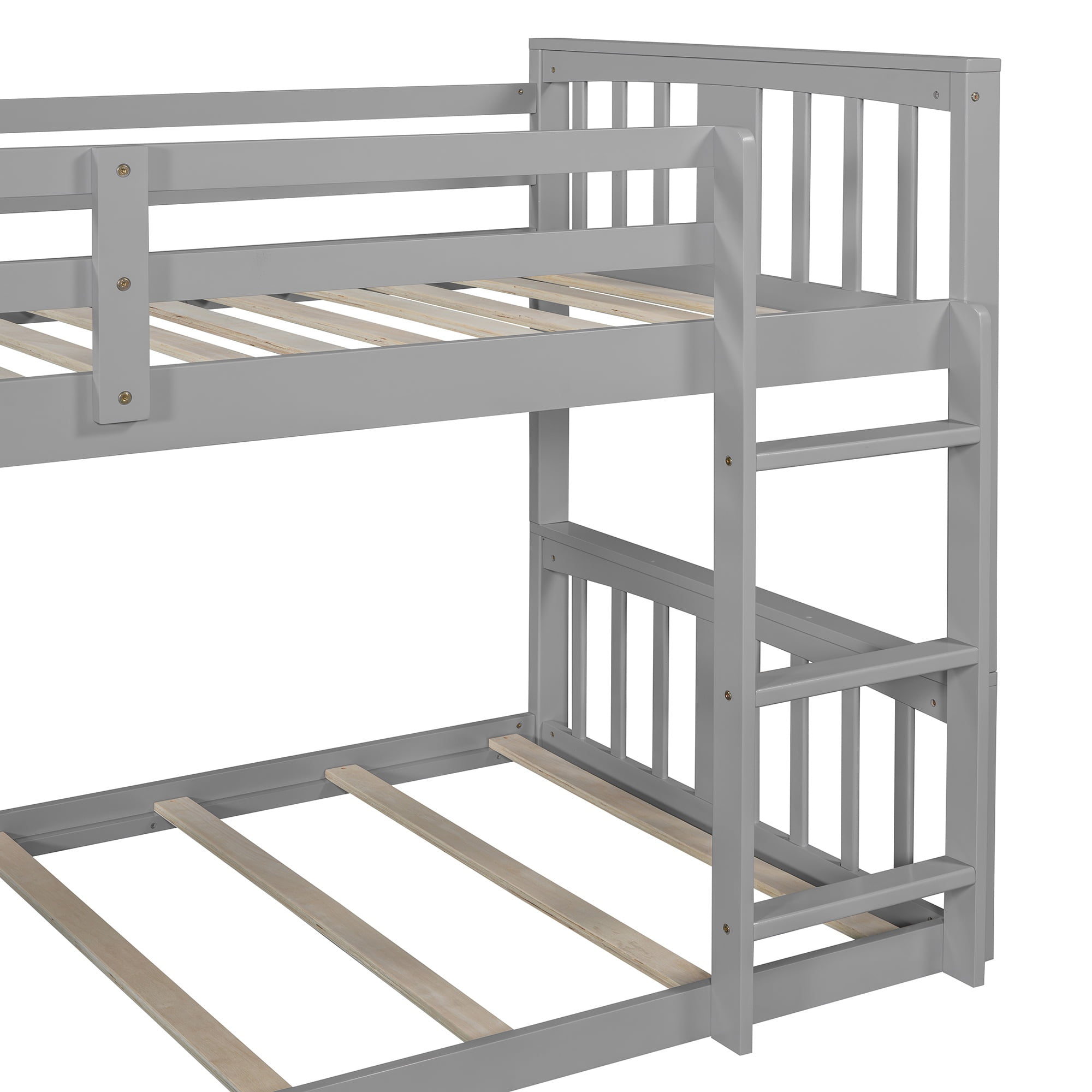 PORKISS Low Bunk Beds for Kids, New Upgraded Twin Over Twin Floor Bunk Bed with Ladder, Modern Bedroom Furniture Wood Bunk Bed for Boys Girls Teens, Easy Assembly, Gray