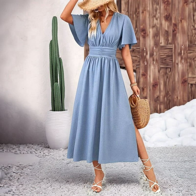 Women'S Summer Flowy Midi Dress Casual V Neck Short Sleeve Waist Boho Beach Dress Wedding Guest Maxi Dress Light Blue S - Walmart.com Women'S Summer Flowy Midi Dress Casual V Neck Short Sleeve Waist Boho Beach Dress Wedding Guest Maxi Dress Light Blue S - Walmart.com