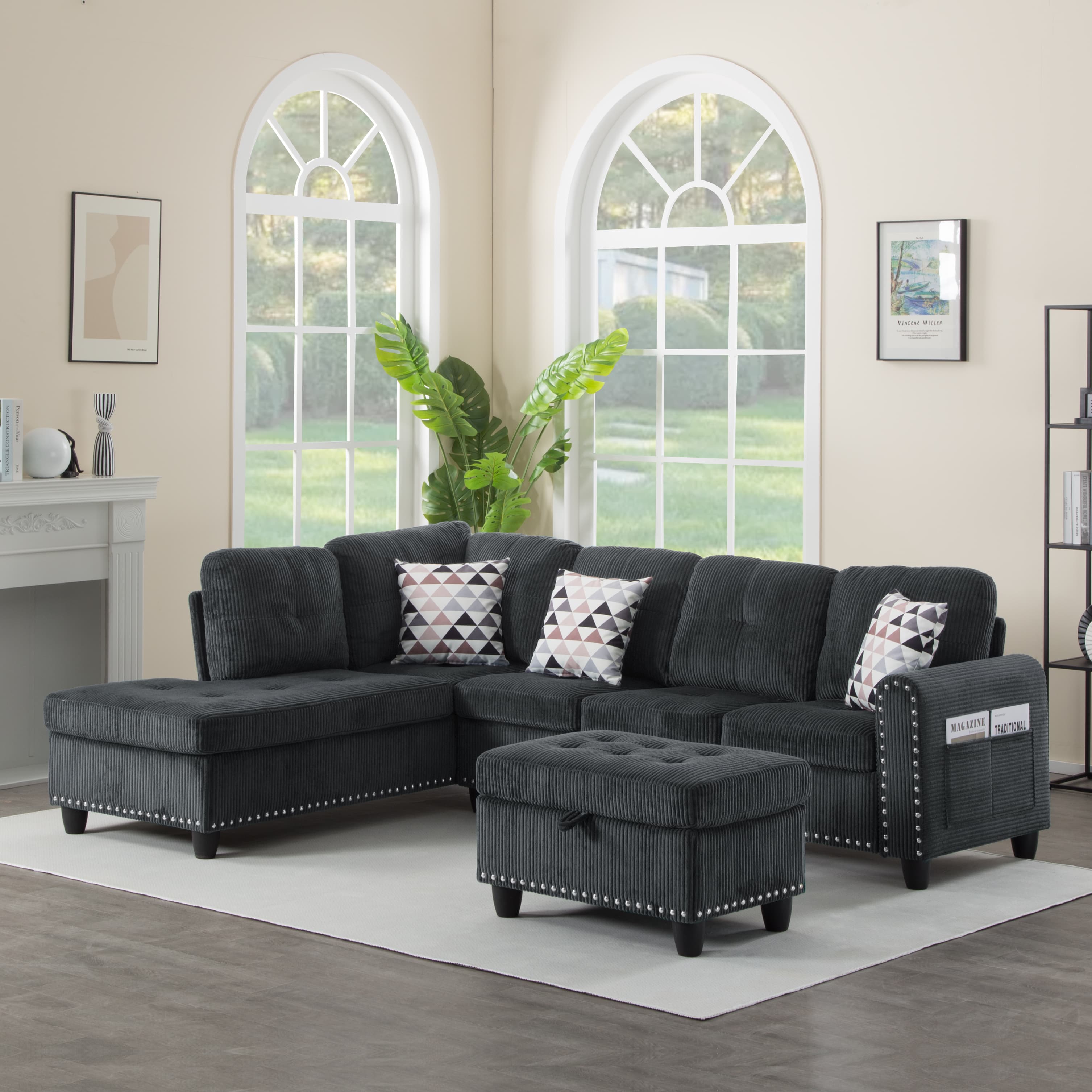 BSHTI 94.49”L-Shaped Modular Sectional Sofa, with Convenient Storage Ottoman, Corduroy Fabric, Drop-Down Middle Backrest with Two Built-In Cup Holders, Dark Gray