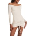 thumbnail image 5 of MaFYtyTPR Women's Mini Dress Fashion Off-the-Shoulder Long Sleeve Ruched Drawstring Slim Solid Color Dresses Beige L, 5 of 5