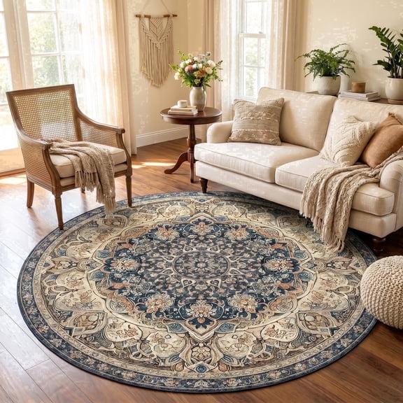 ICEANT Persian Style Round Area Rug, 6'x6' Round Vintage Anti-Slip Carpet for Living Room Bedroom, Boho Non-Shedding Mat for Balcony Floor, Dark Blue