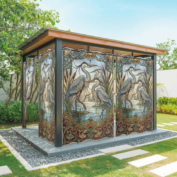 1 Panel Outdoor Curtains for Patio Waterproof 54"x84", Vintage Cranes Weatherproof Privacy Outsides Curtains, Country Retro Chic Glass Flower Textured Grommet Thermal Drapes for Cabana Porch Pergola