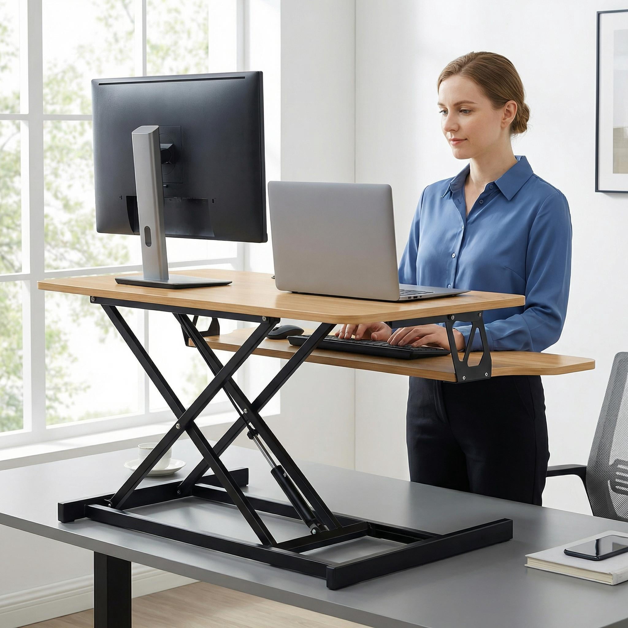 Height Adjustable Standing Desk Converter – 31.5" Wide Desk Riser with Spacious Work Surface, Ergonomic Sit-Stand Workstation for Monitor & Laptop, Natural