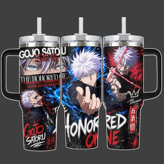 Jujutsu Kaisen Gojo Satoru Honored 1 Stainless Steel Insulated Tumbler, Red-Blue Infinity Full-Wrap Drinkware with Straw Lid, 20oz/40oz Options   40oz Handle Add-On