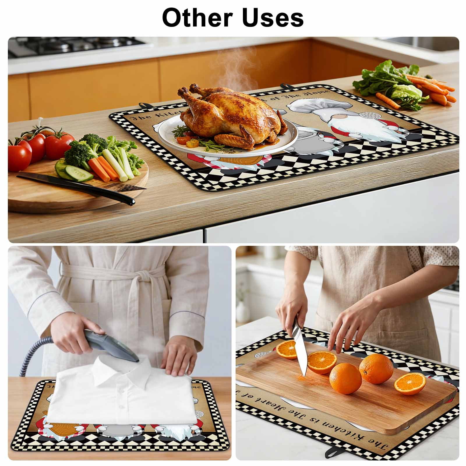 Farmhouse Chef Gnomes Stove Top Cover for Electric Stove, Heat-proof & Non Slip Glass Top Stove Cover Protector, Vintage Black White Plaid Kitchen Flat Cooktop Rubber Mat 31x24 Inches