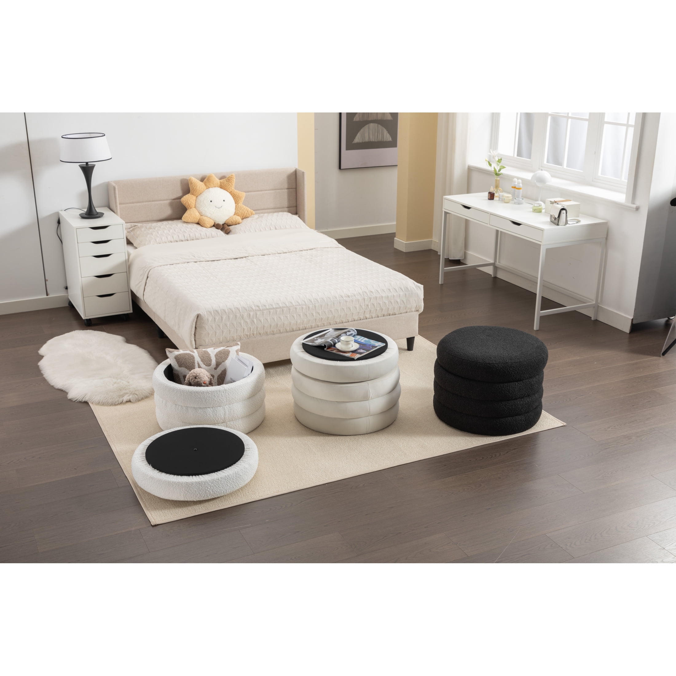 Noble House Blaise Velvet Storage Ottoman with Reversible Lid, 24.41" Bedroom Bench & Footstool, Ivory