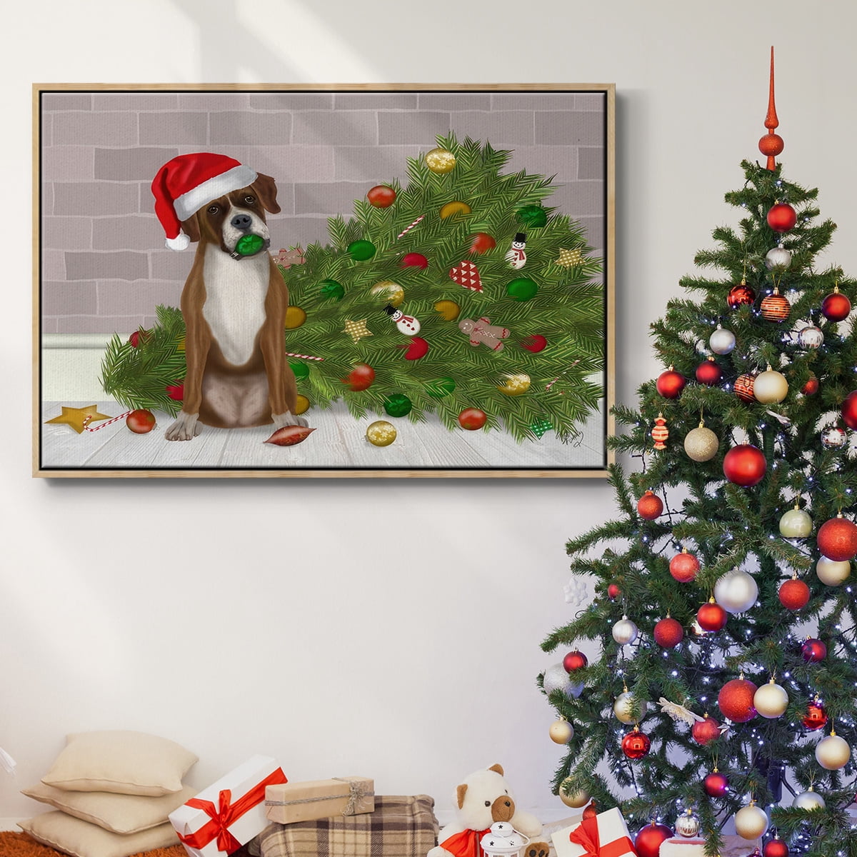 Christmas Boxer and Broken Christmas Tree - Framed Gallery Wrapped Holiday Canvas - 17 x 25 - Natural Wood Frame