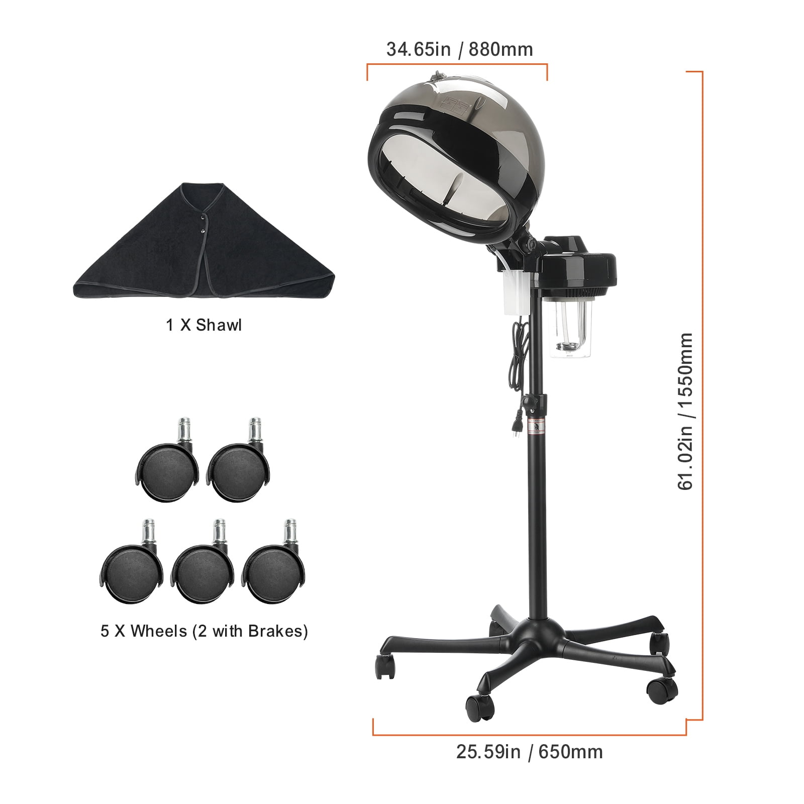 KFFKFF Hair Steamer with Two Functionalities, Hood Size of 11.81 inches, Stand with Variable Height & Timing Feature, 5-Wheel Base (2 Can Be Locked) for Improved Hair Treatment in Home