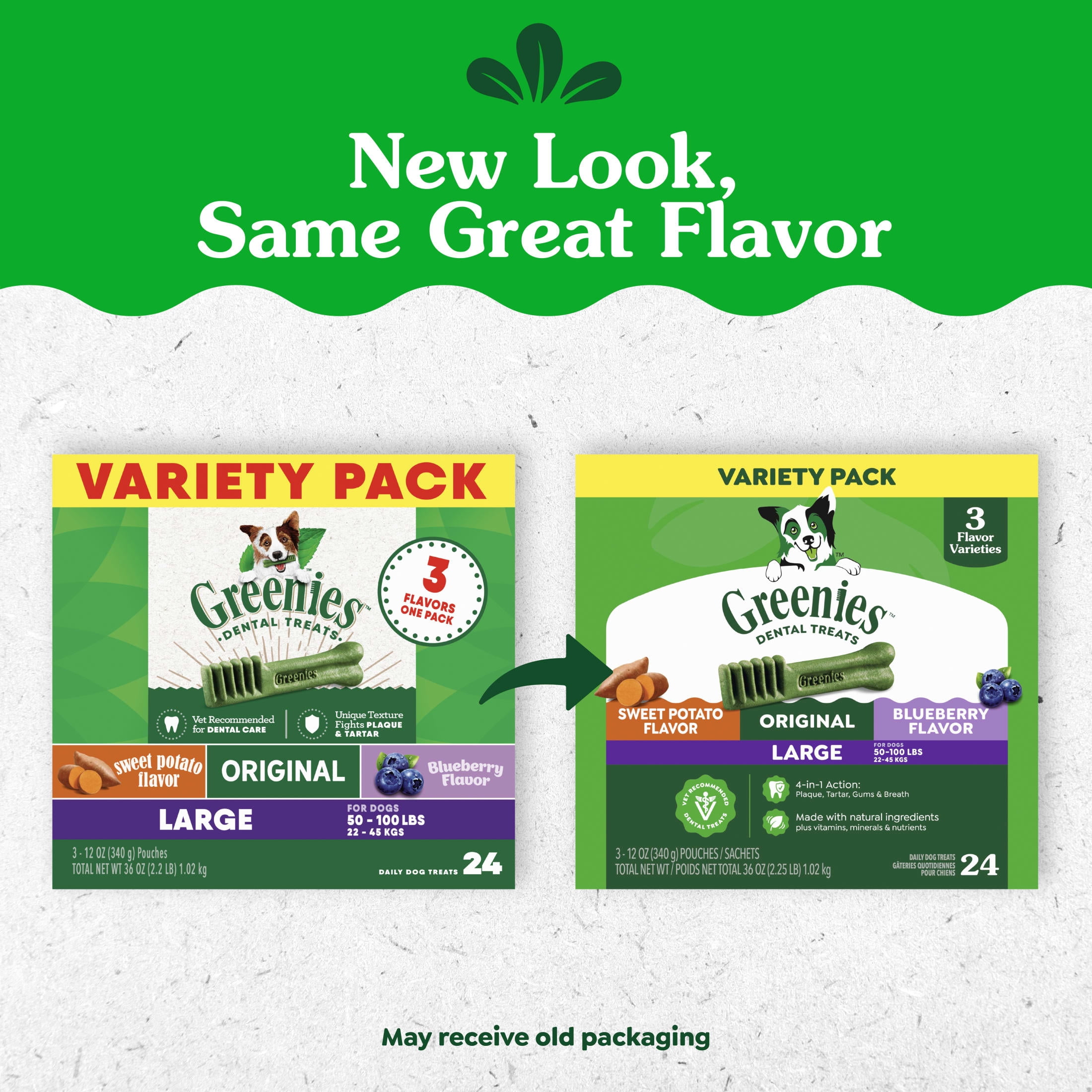 Greenies Adult Natural Dental Dog Treats 3 Flavors, Large Size, (3) 12 Oz Packs (24 Count)